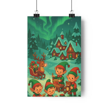 Poster elfes noël renne traîneau cadeaux village neige conifères vert rouge blanc cartoon joyeux ludique festive chambre salon