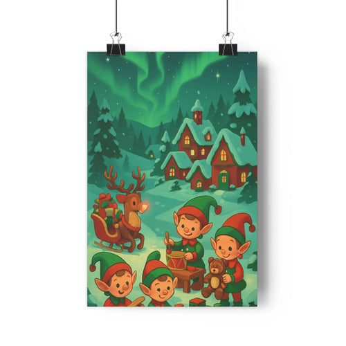 Poster elfes noël renne traîneau cadeaux village neige conifères vert rouge blanc cartoon joyeux ludique festive chambre salon