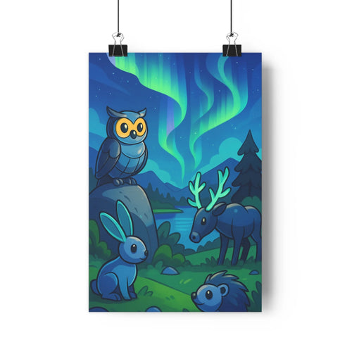 Poster aurore boréale nuit hibou renne lapin hérisson rocher arbre rivière bleu vert gris cartoon féerique apaisante chambre