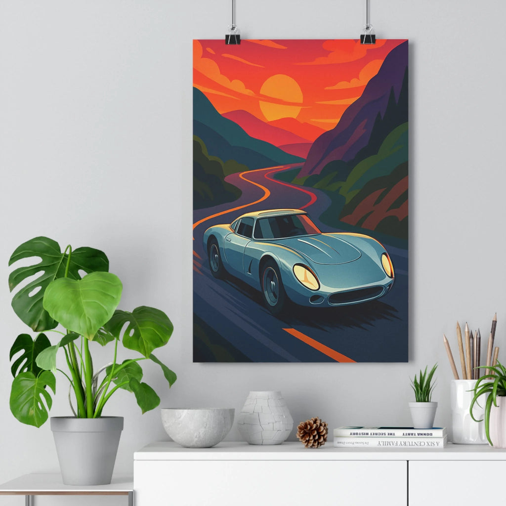 Poster décoratif voiture sport rétrofuturiste rouge orange bleu aventure dynamique salon bureau chambre qualité