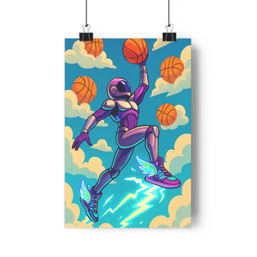 Poster sportif saut basket violet doré bleu ciel nuages orange dynamique moderne graphique ombres douces chambre salon