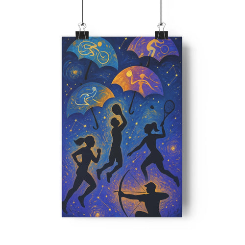 Poster dynamique silhouettes personnages activités parapluies musique sports bleu nuit étoiles dorées modernes minimaliste joyeuse festive chambre salon