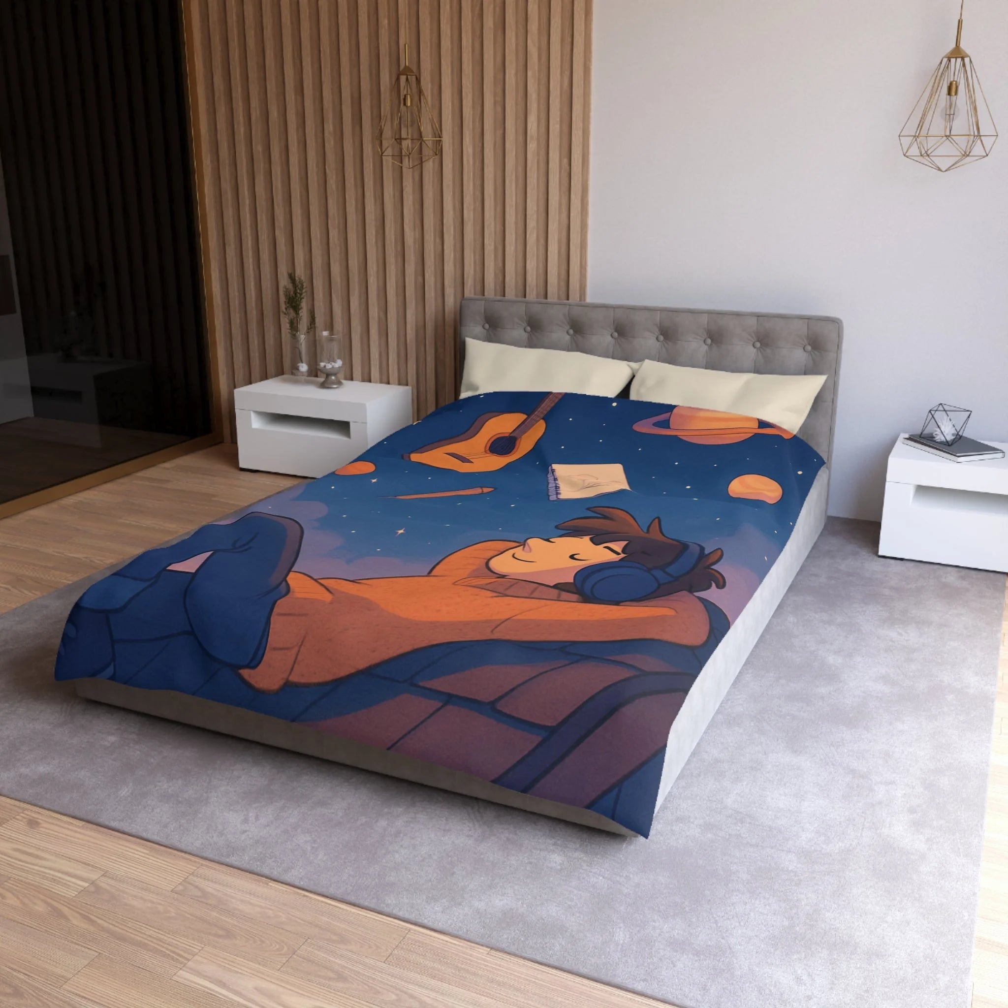 Housse de couette rêve étoilé avec guitare, planètes et rêverie d'artiste