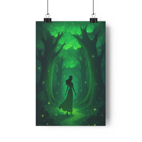 Poster féminine forêt dense arbres feuilles lumière dorée branches mystérieuse calme exploration méditation nature réaliste détails verts noirs salon chambre