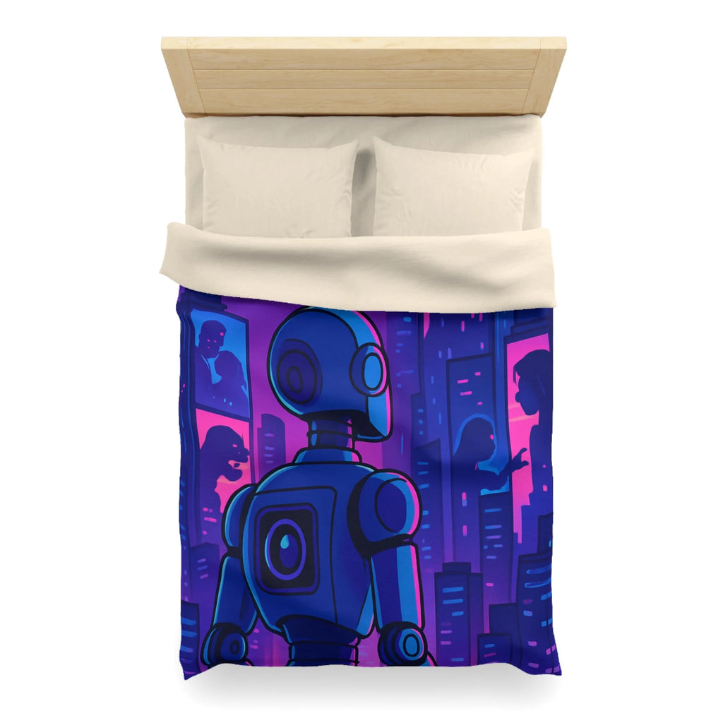 Séduisante housse de couette futuriste robot bleu néons drones anime horizon nuit