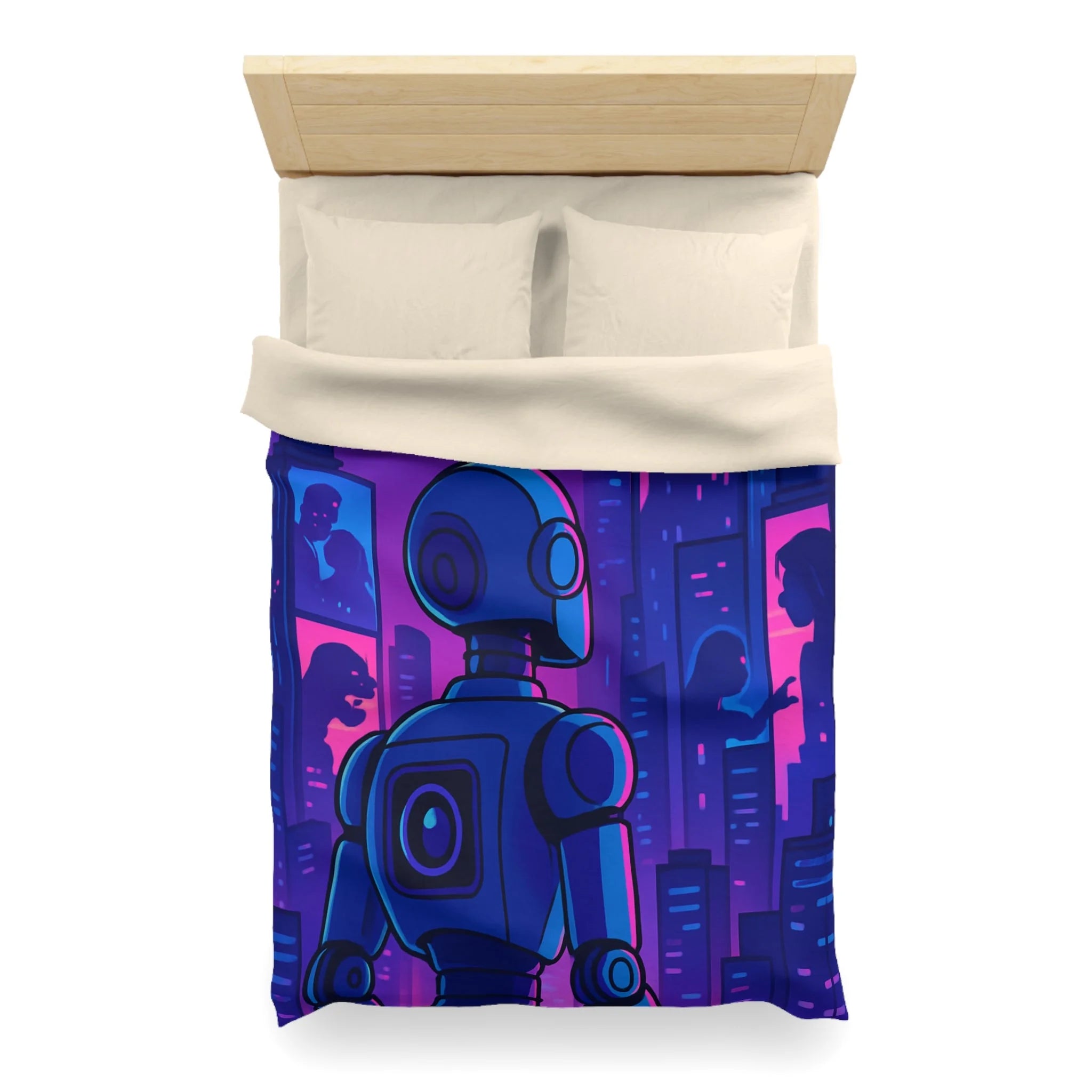Séduisante housse de couette futuriste robot bleu néons drones anime horizon nuit