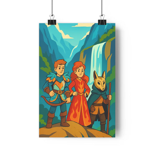 Poster aventure arc envergure armure cascade chevaliers dragonnes forêt montagne mystère nature paysage plat renard roche silhouette sombre tonalités vibrant.volume