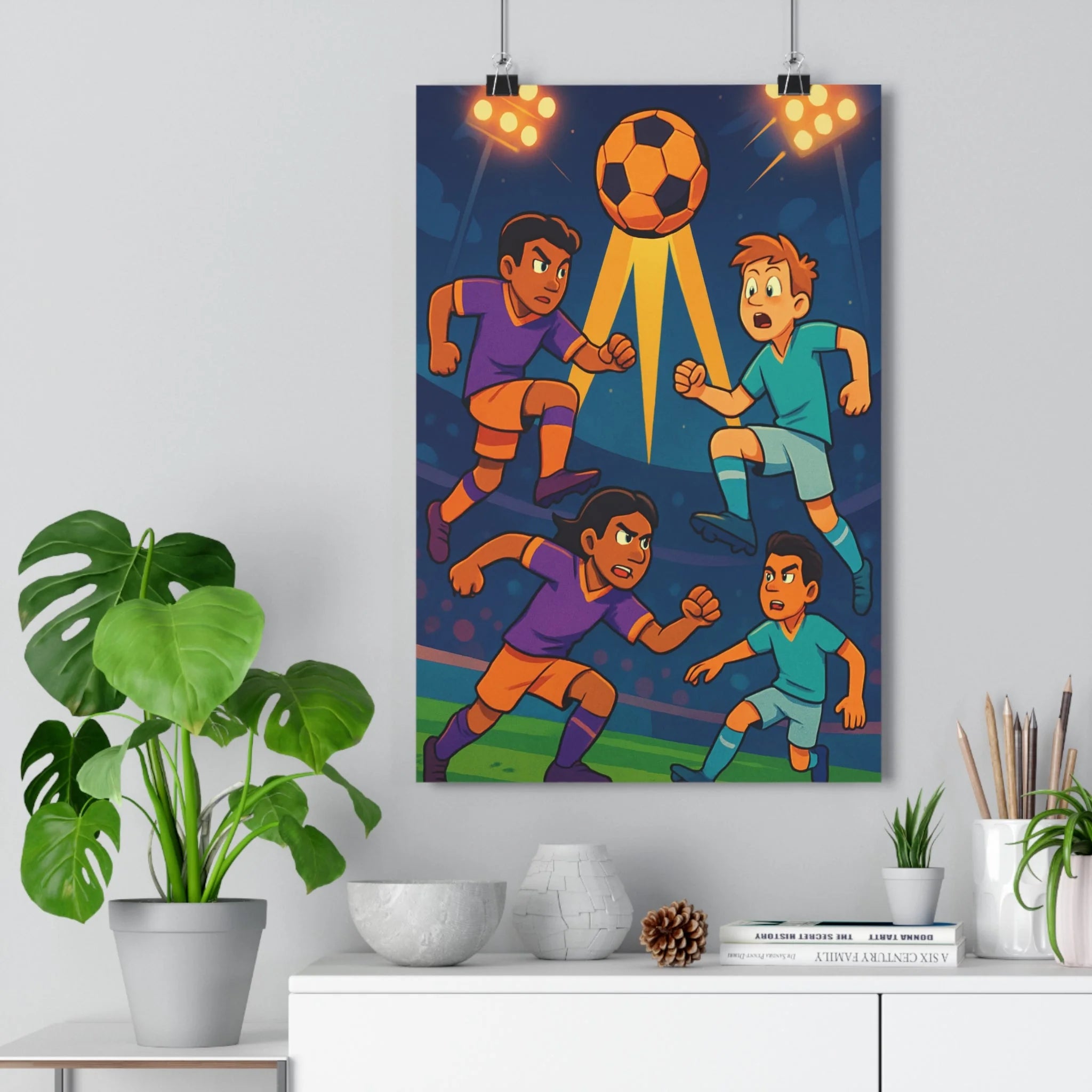 Poster décoratif cartoon violet bleu dynamique football joueurs chambre salon moderne énergie sport qualité
