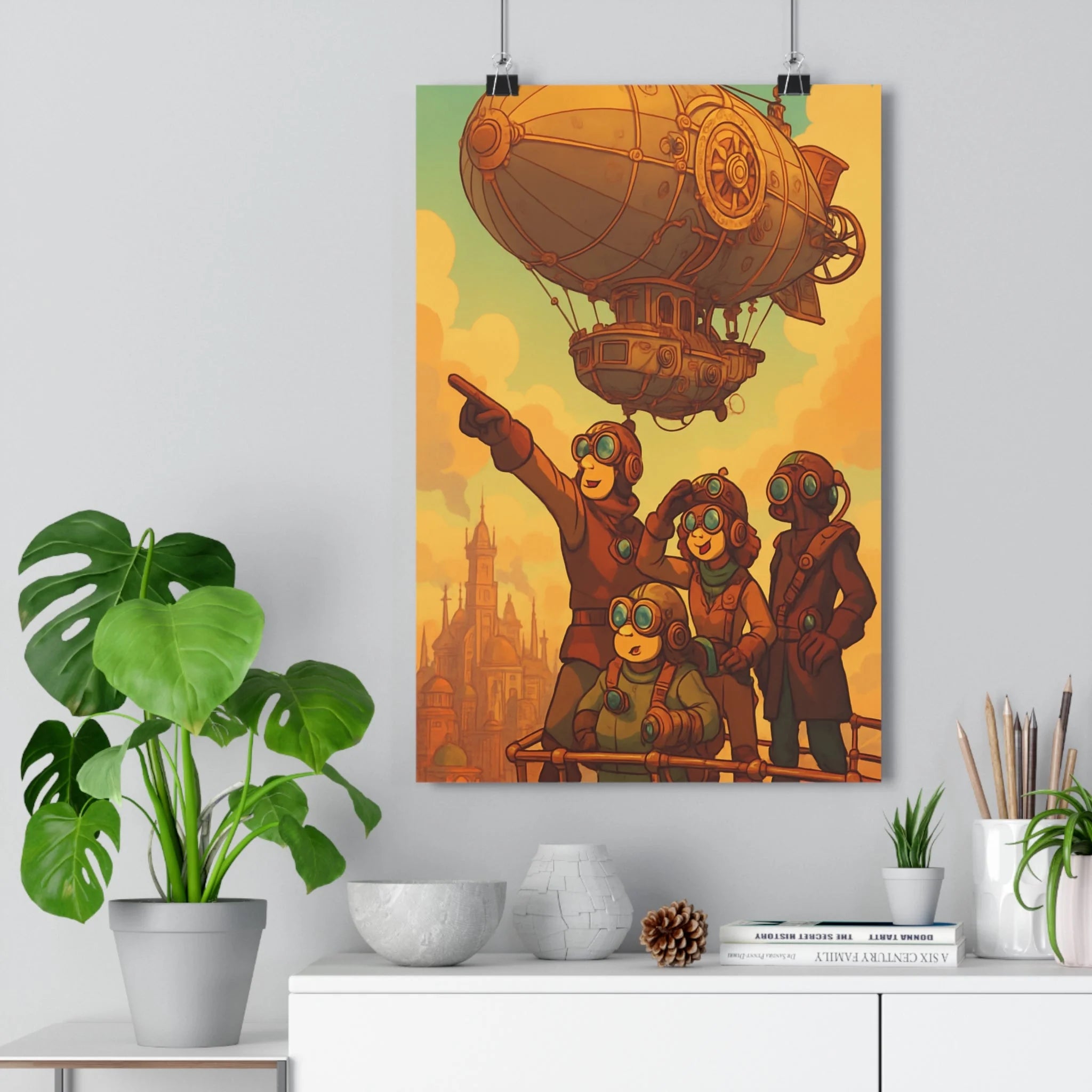 Poster décoratif cartoon steampunk rétrofuturiste aventure tons sépia salon chambre bureau explorateur dirigeable personnages