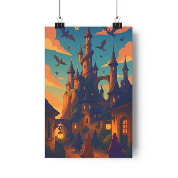 Poster château gothique lanternes oiseaux ciel bleu rose personnages capes sombres petite maison porte ouverte style illustratif couleurs chaudes ambiance