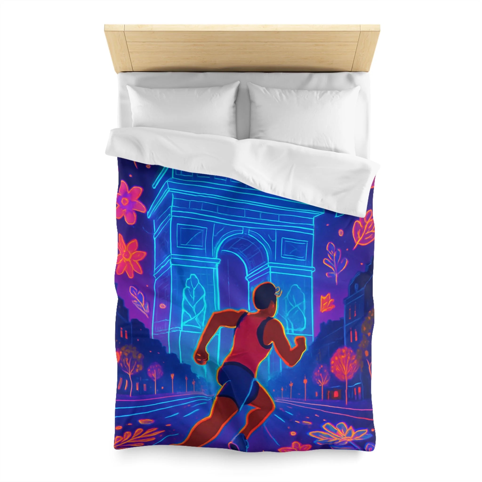 Housse de Couette Vibrante : Coureur Devant Monuments et Fleurs Scintillantes de Paris