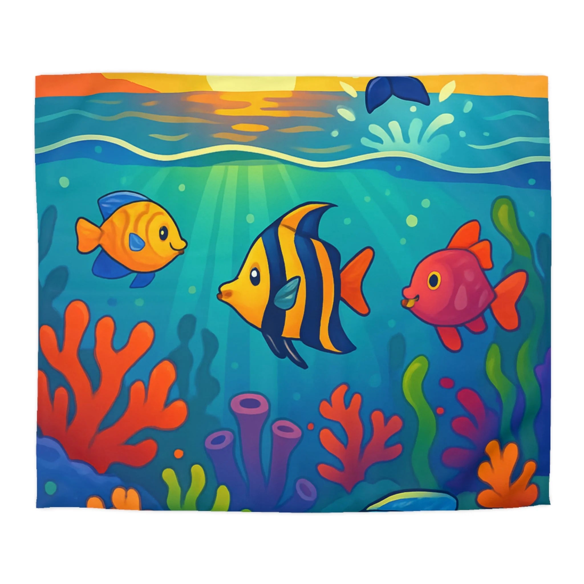 Housse de couette océanique colorée avec poissons tropicaux et dauphin au coucher du soleil