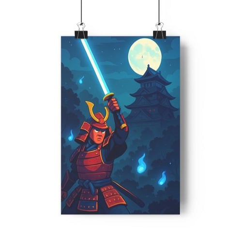 Poster samouraï armure rouge épée lumineuse ciel nocturne grande lune nuages sombres lumières bleues pagode japonaise style moderne minimaliste lignes