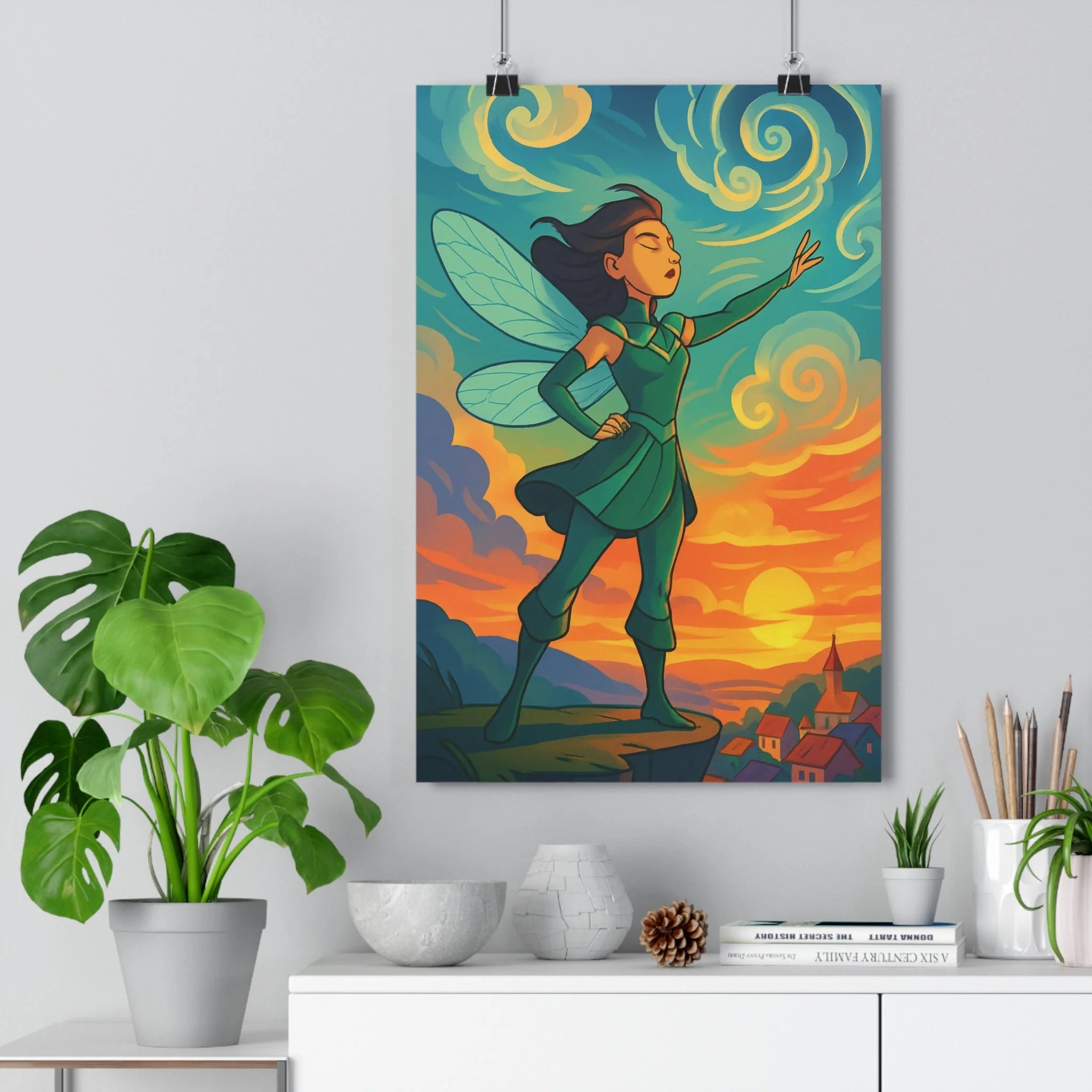 Poster décoratif héroïne poétique cartoon aérien bleu orange vert chambre créatif coucher 30x46 qualité