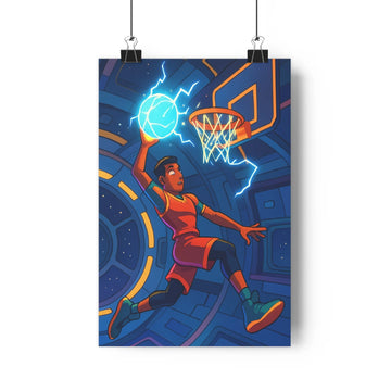 Poster sportif en action basket futuriste bleu orange ombres vives style moderne intense chambre salon