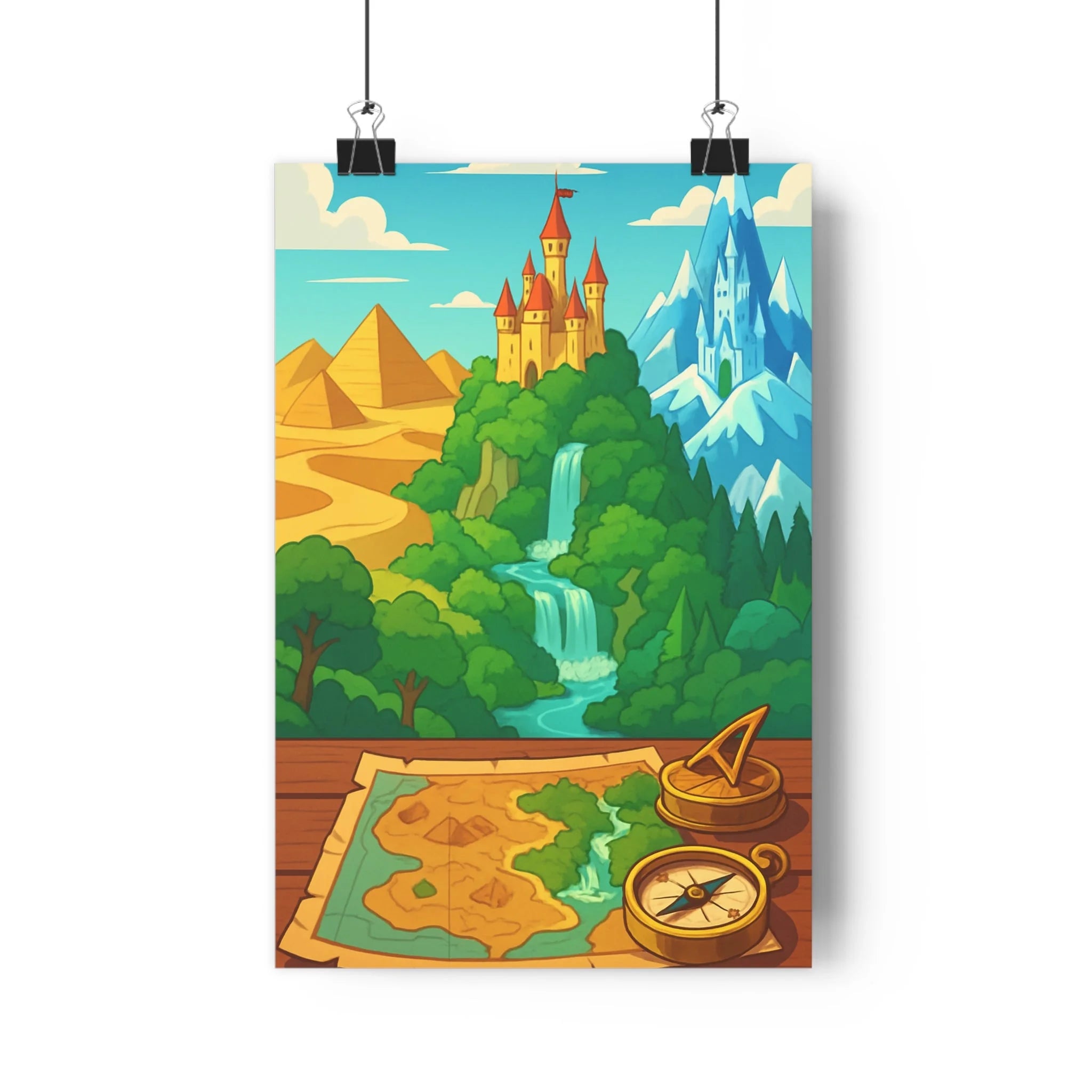 Poster décoratif aventure couleurs vives chambre bureau carte ancienne château montagne désert vibrant qualité