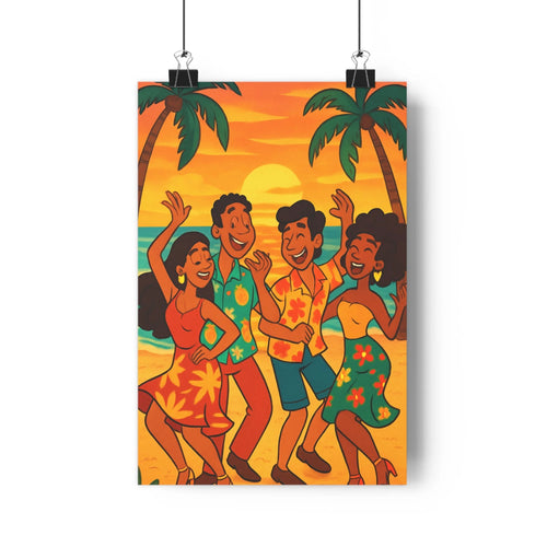 Poster joyeux danse plage coucher soleil orange floral palmiers océan cartoon vibrant intérieur salon chambre
