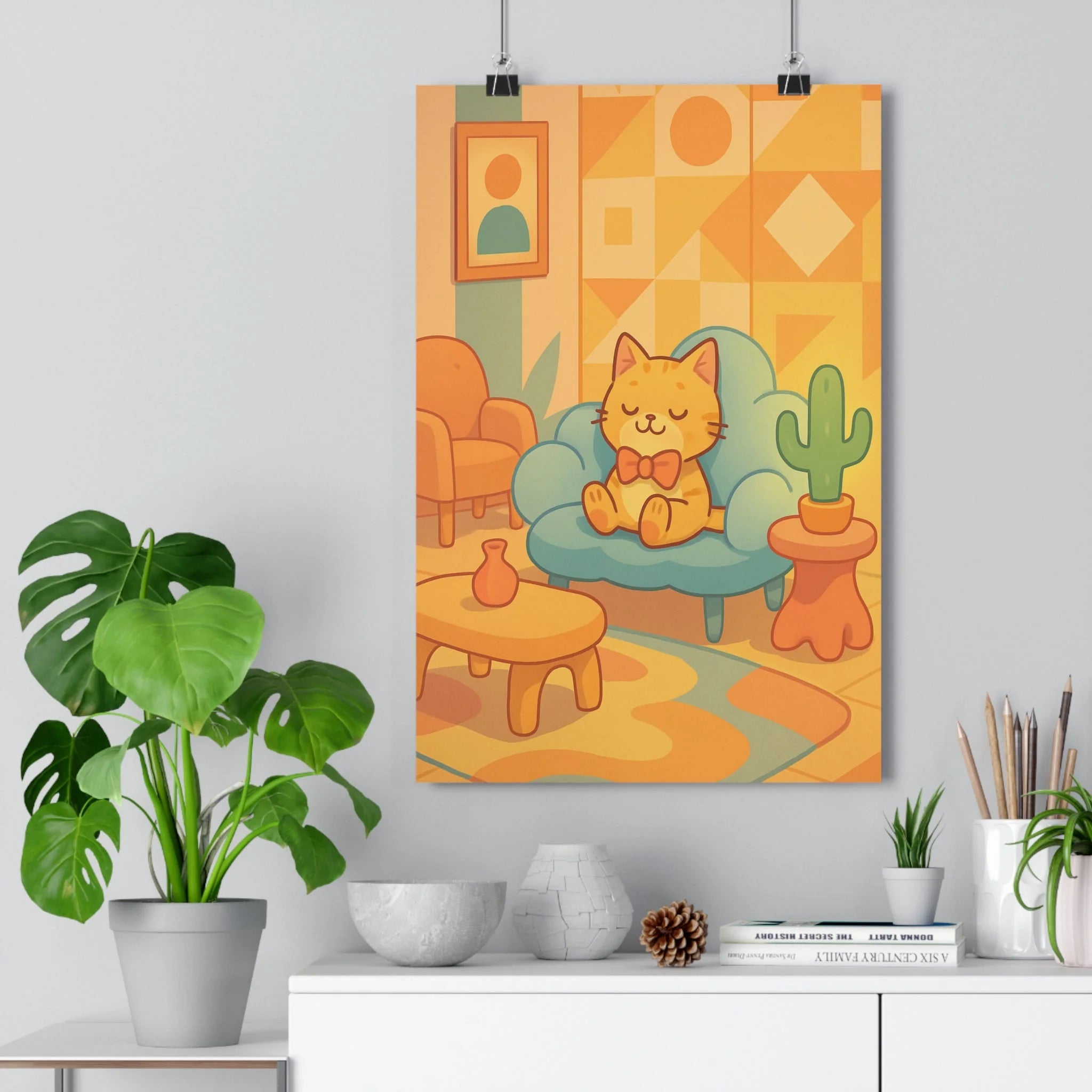 Poster décoratif chat mignon bleu orange moderne salon chambre enfant fantaisie pastel chaleureux joyeux