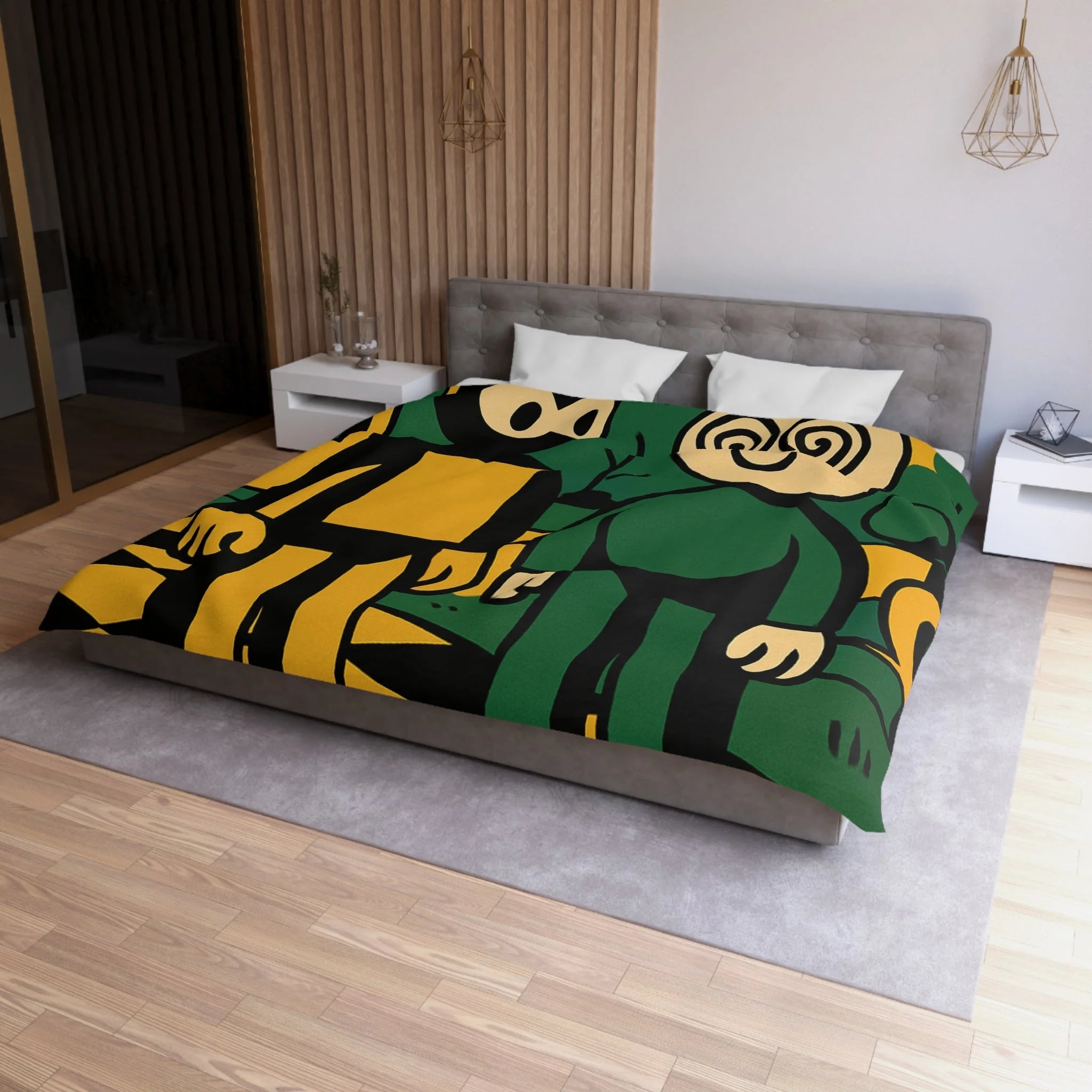 Housse de couette style pop-art cartoon avec personnages et paysage graphique original