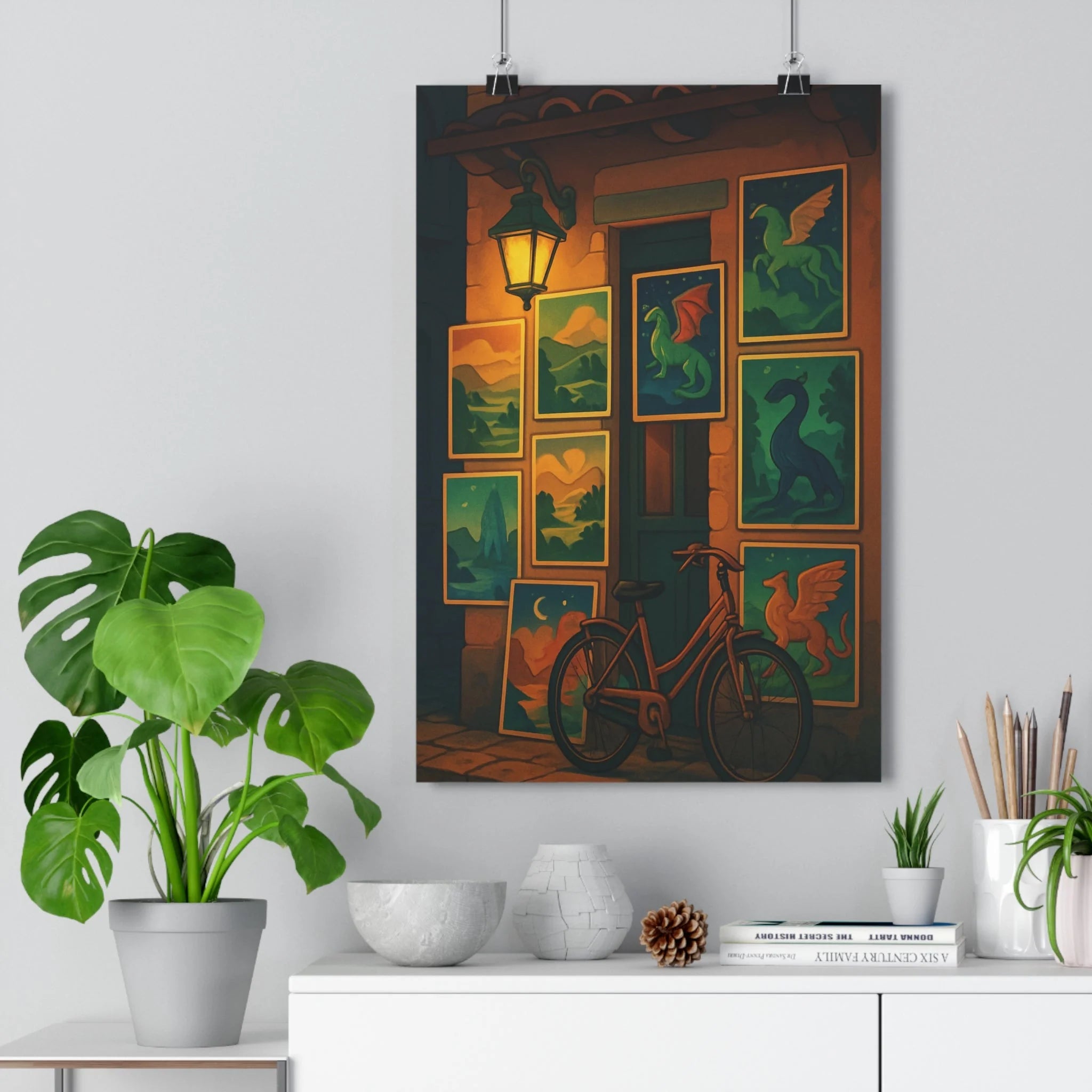 Poster décoratif rétrofantastique créature magique vert bleu orange cartoon salon chambre format 30x46 qualité