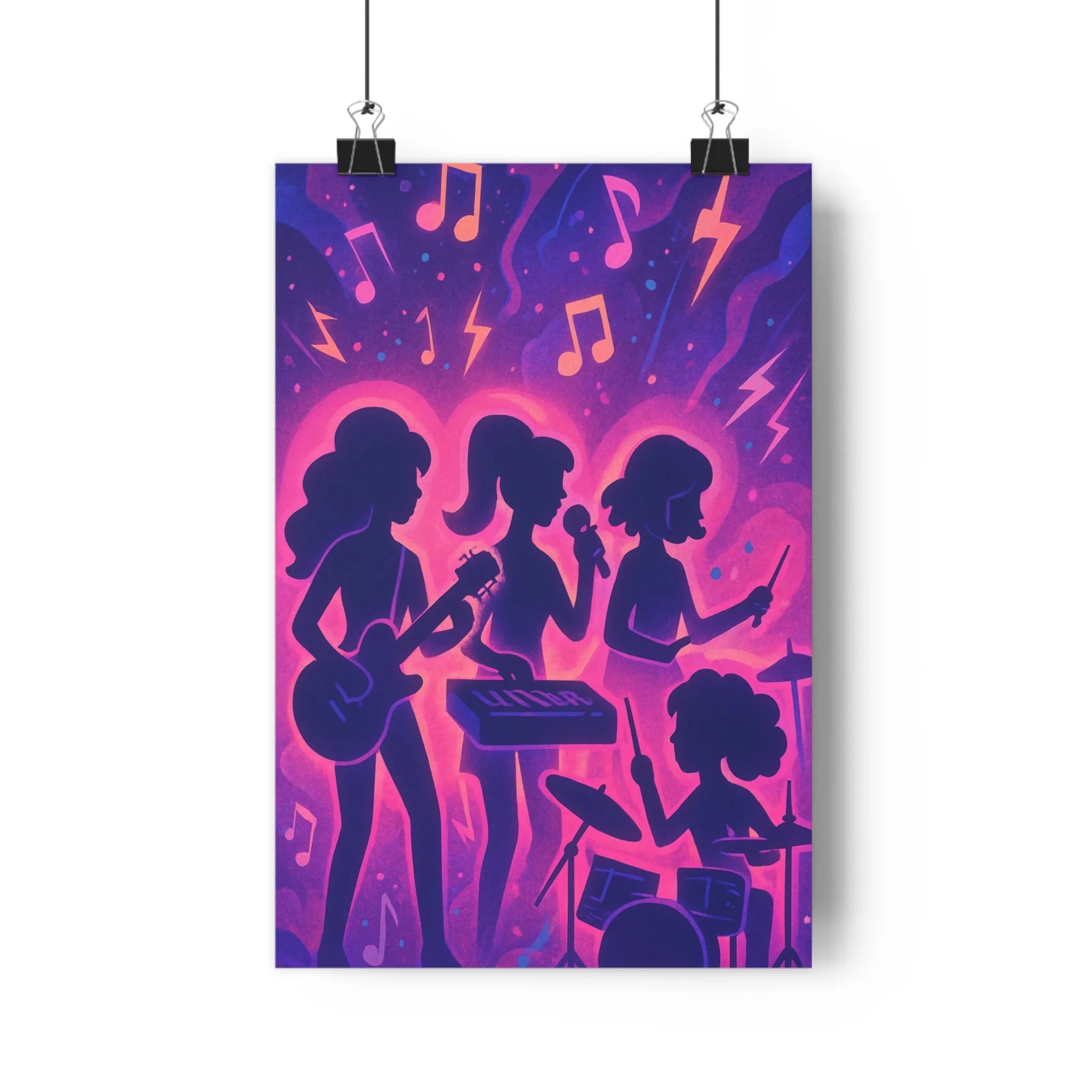 Poster décoratif musical violet rose animé futuriste dynamique chambre musique silhouettes femmes instruments électrique