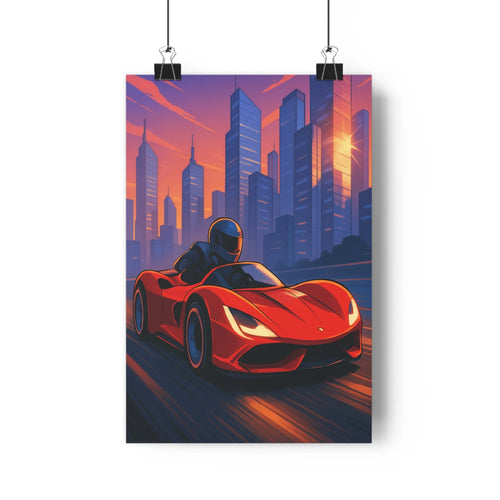 Poster voiture rouge sportive conducteur casque gratte-ciels crépuscule ciel teinté rose violet mouvement énergie moderne atmosphère intense chambre salon