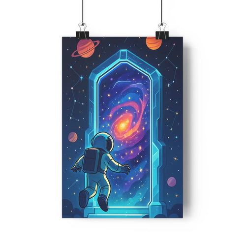 Poster astronaute porte futuriste ciel étoilé galaxie plantes étagère livres objets décoratifs bleu noir blanc planètes fantastique exploratoire chambre bureau