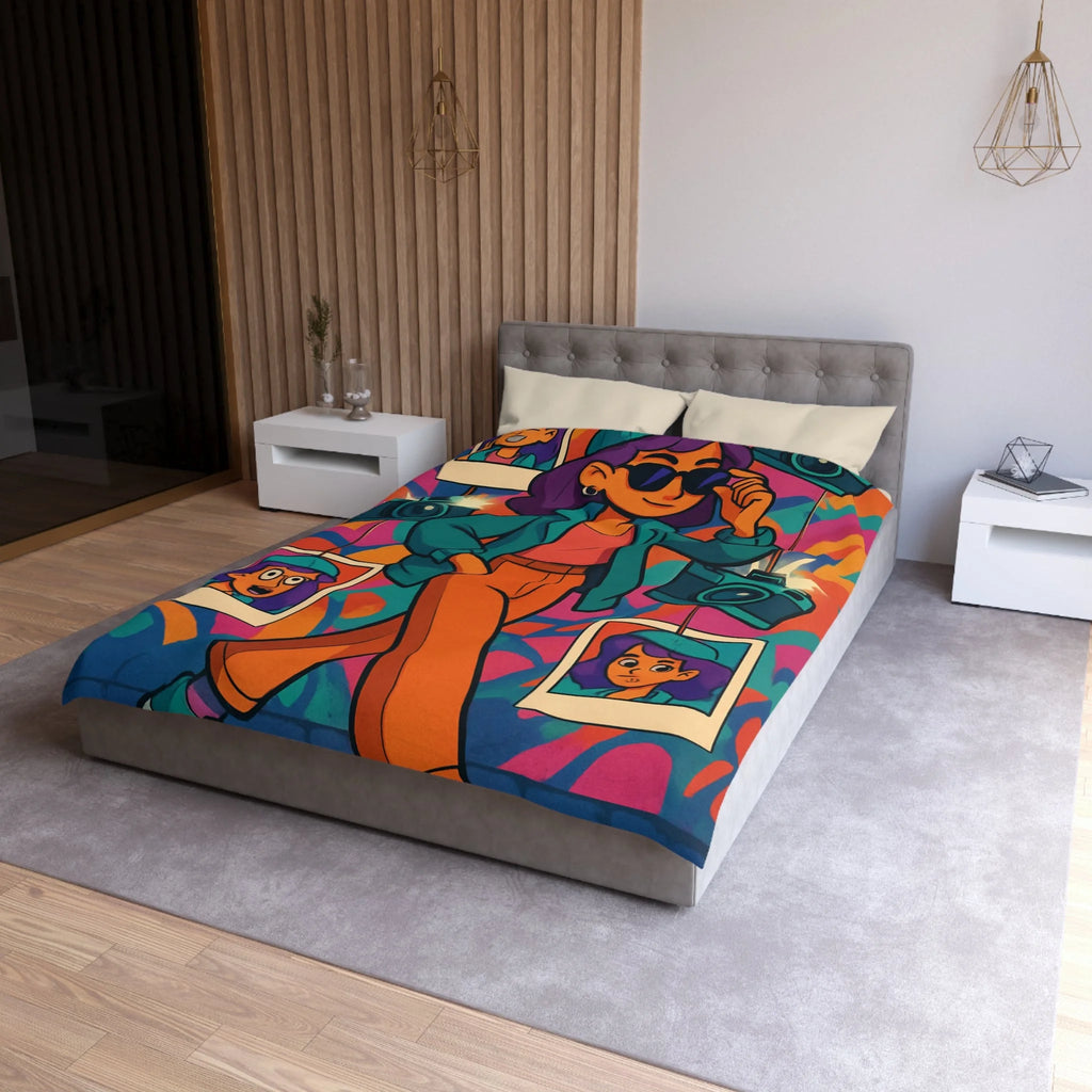 Housse de couette vivante avec personnage stylé marchant dans ambiance artistique colorée et ludique