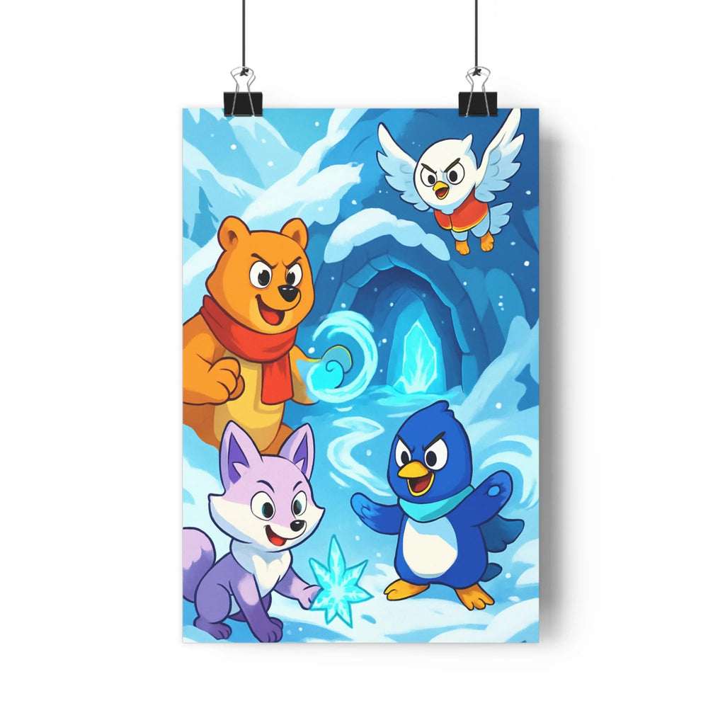 Poster décoratif scène animalière colorée aventure joyeuse chambre enfant ours renard pingouin oiseau magique
