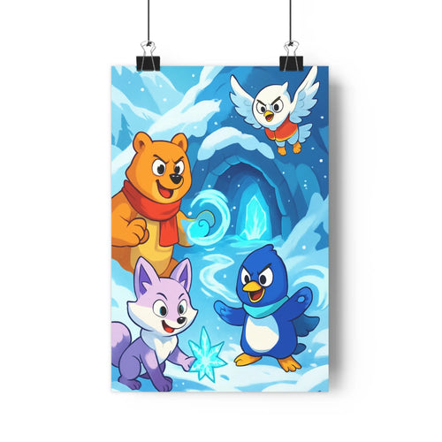 Poster animaux mignons hiver ours renard pingouin hibou écharpe rouge neige flocons grotte eau claire bleu blanc joyeux cartoon chambre