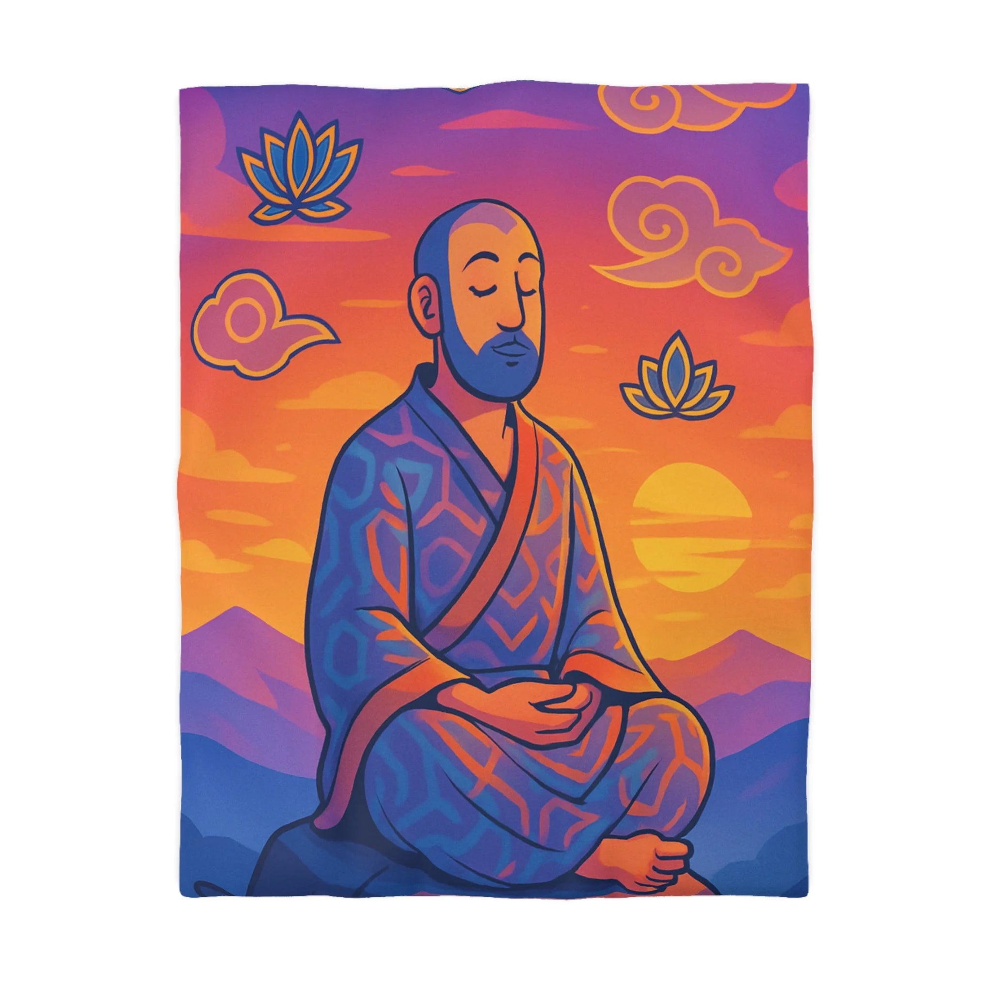 Housse de Couette Zen Moine Méditant au Coucher de Soleil Avec Fleurs de Lotus