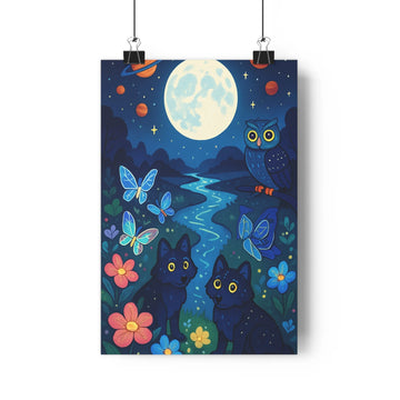 Poster nocturne chats papillons hibou lune fleurs montagnes planètes bleu noir blanc doux mystérieux chambre salon