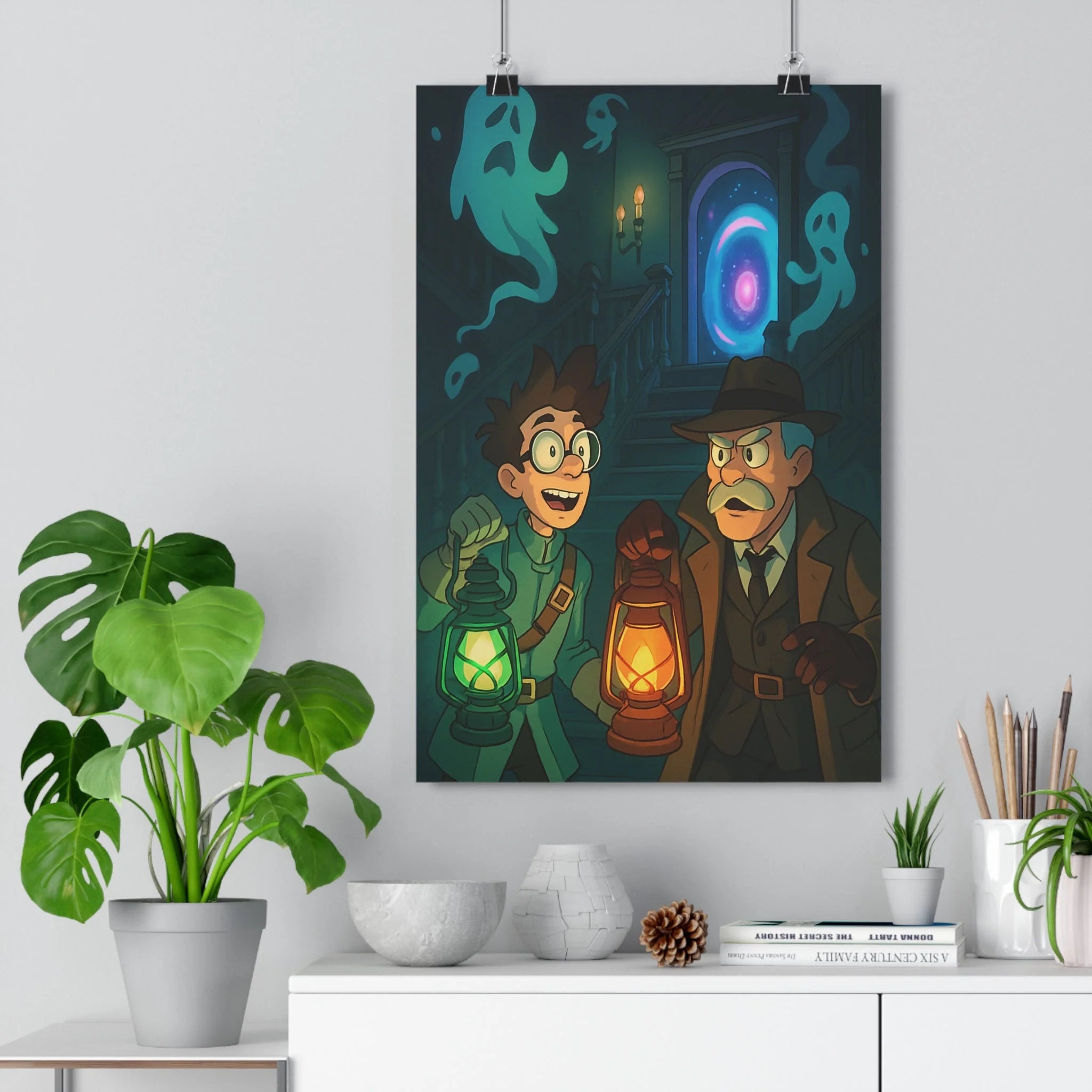Poster décoratif steampunk sépia dorée mystique rétro salon chambre bureau lanternes fantômes format 30x46