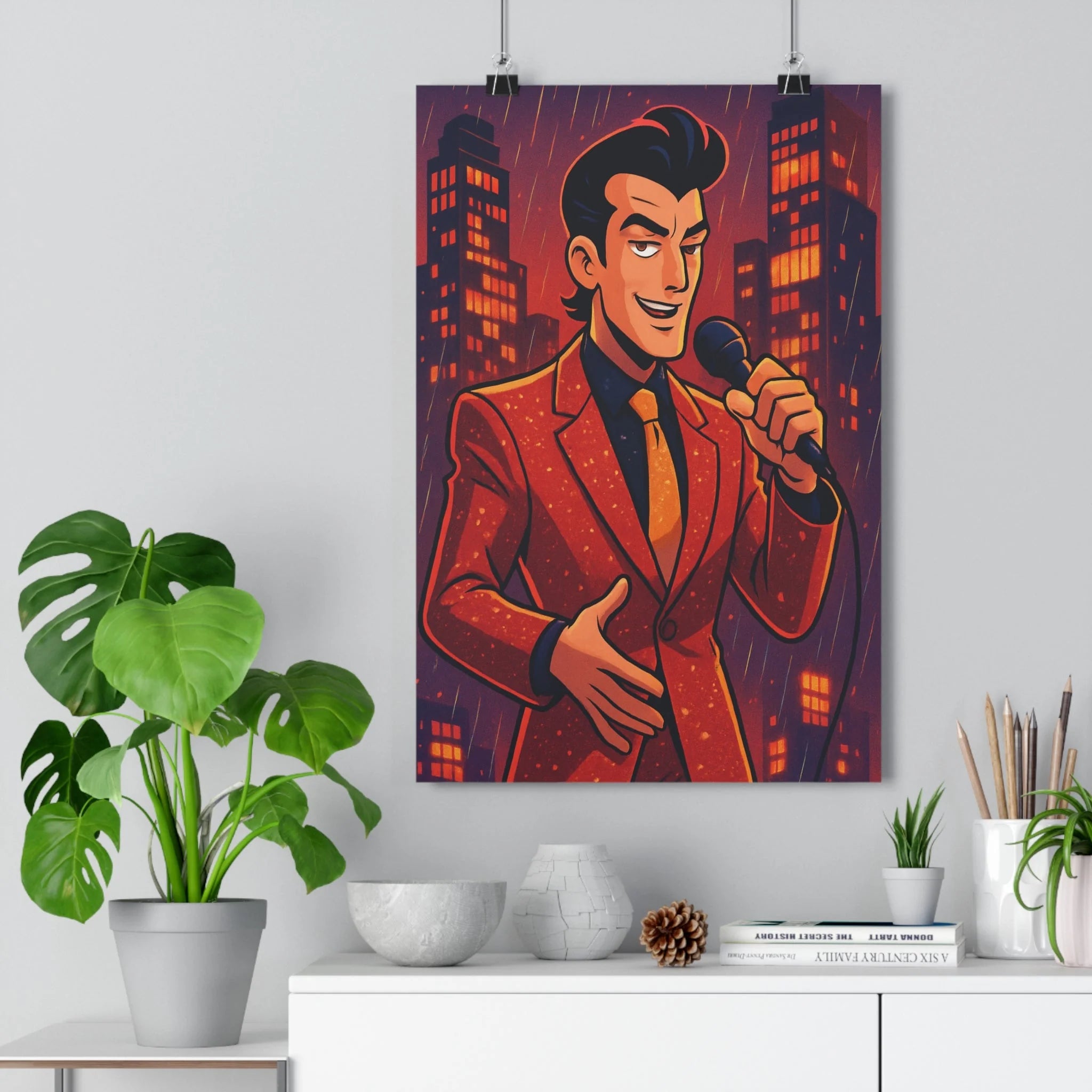 Poster décoratif moderne rouge costume chanteur ville illuminée nocturne artistique élégant salon chambre tendance