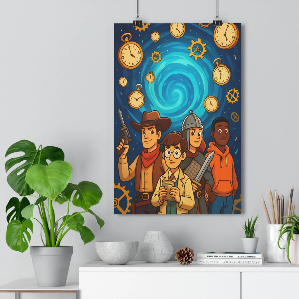 Poster steampunk personnages attributs bleu nuit engrenages spirale mystère cartoon détails simples ambiance intrigante horloge objet déco bureau maison