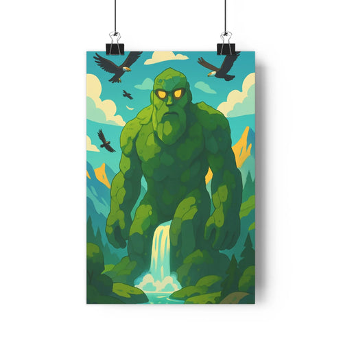 Poster épique nature mystique vert bleu grotte cascade montagnes oiseaux contours nets ombres douces ambiance sauvage intérieur moderne
