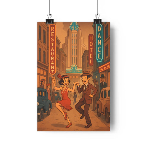Poster rétro art déco couple joyeux danse urbain néons bâtiments enseignes lumineuses ambiance festive contours nets détails soignés marron vert