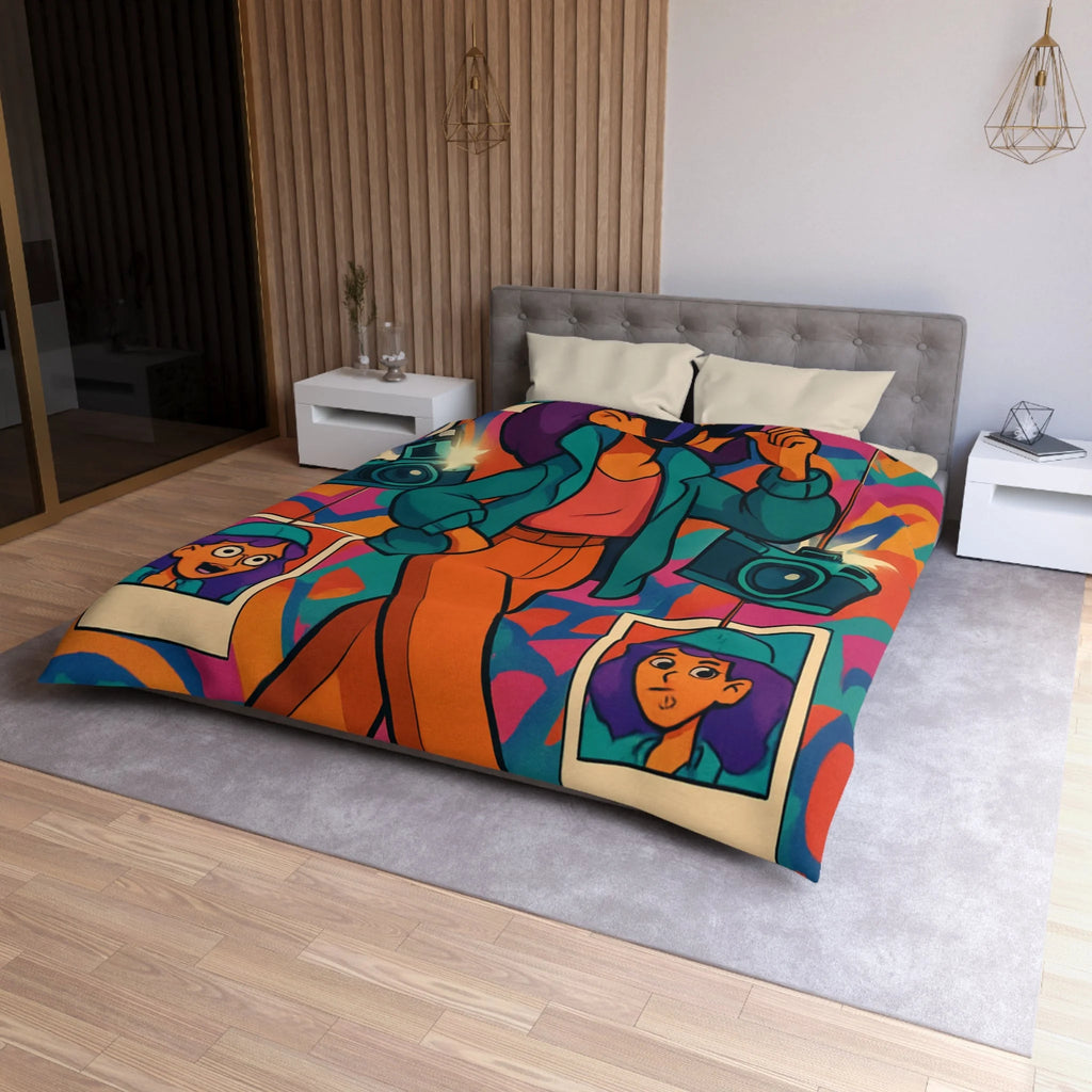 Housse de couette vivante avec personnage stylé marchant dans ambiance artistique colorée et ludique