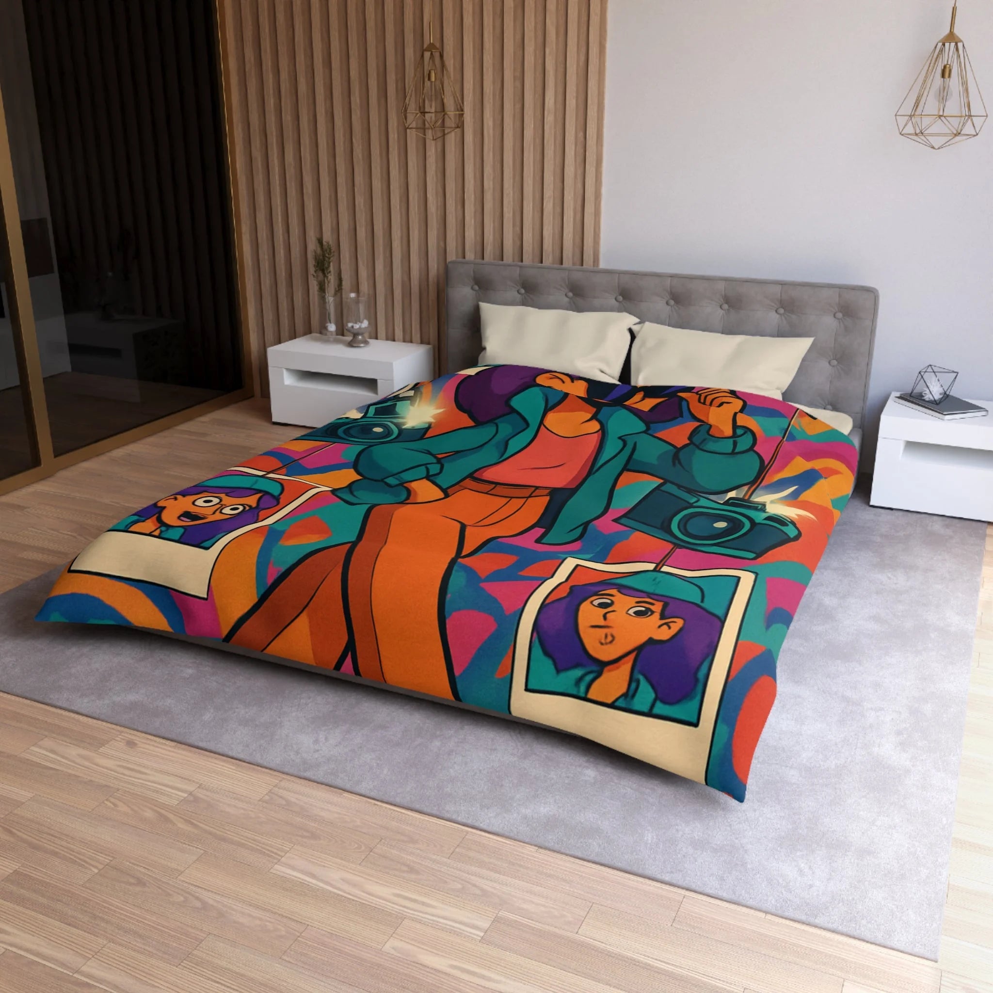 Housse de couette vivante avec personnage stylé marchant dans ambiance artistique colorée et ludique