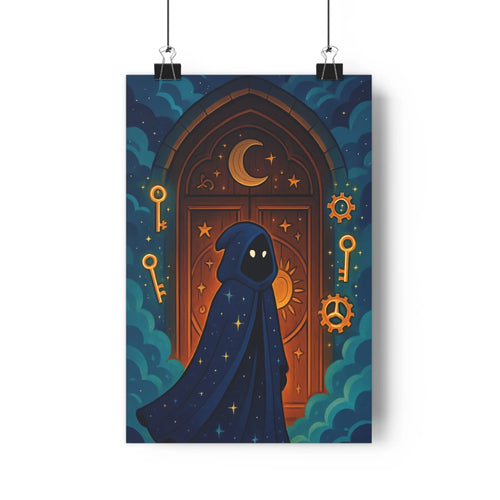 Poster mystique porte gothique nuages bleu nuit doré symboles lunaires étoiles solaire clés paix rêve onirique fantastique chambre salon