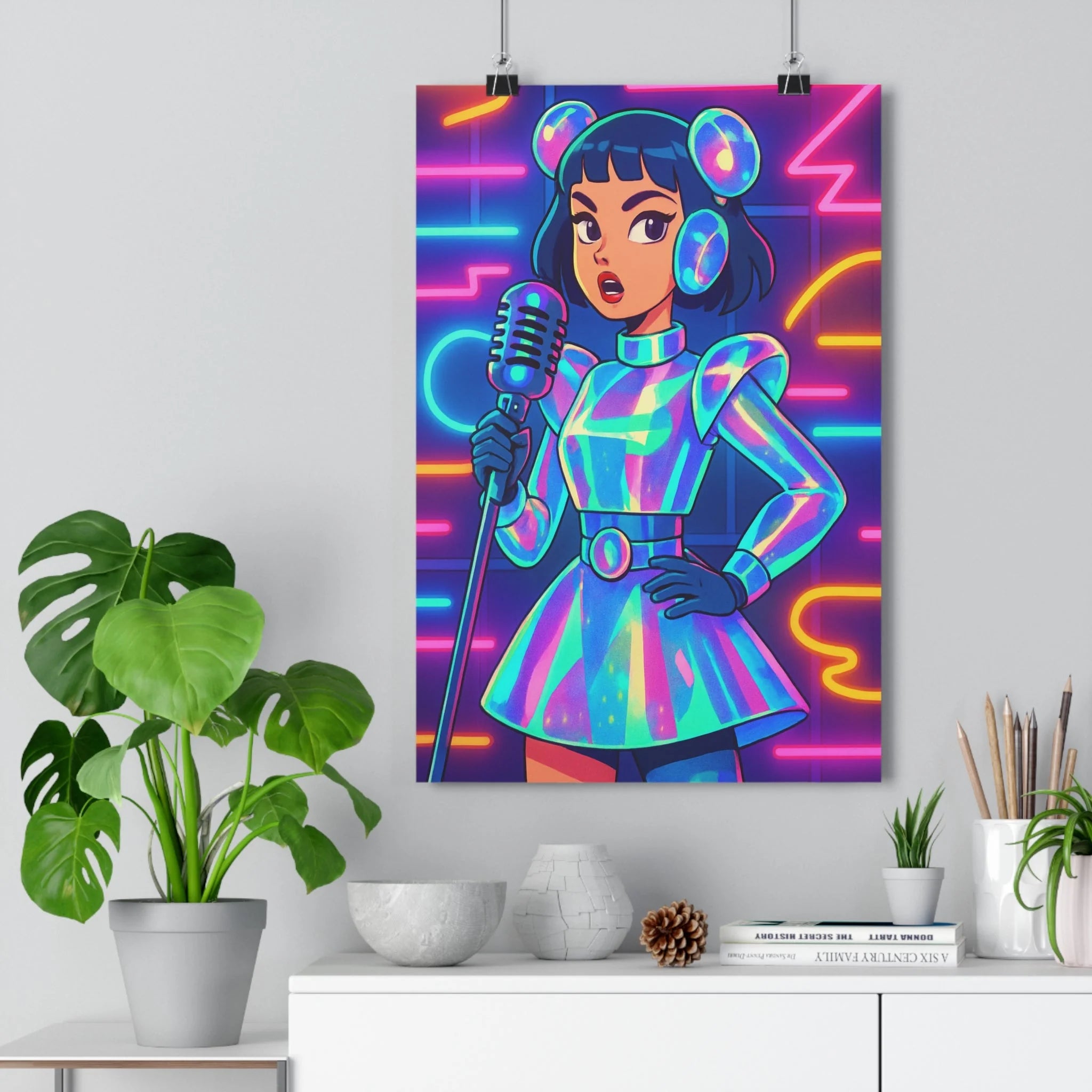 Poster décoratif chanteuse futuriste néon arcenciel cyberpunk coloré moderne salon chambre 30x46 ambiance qualité