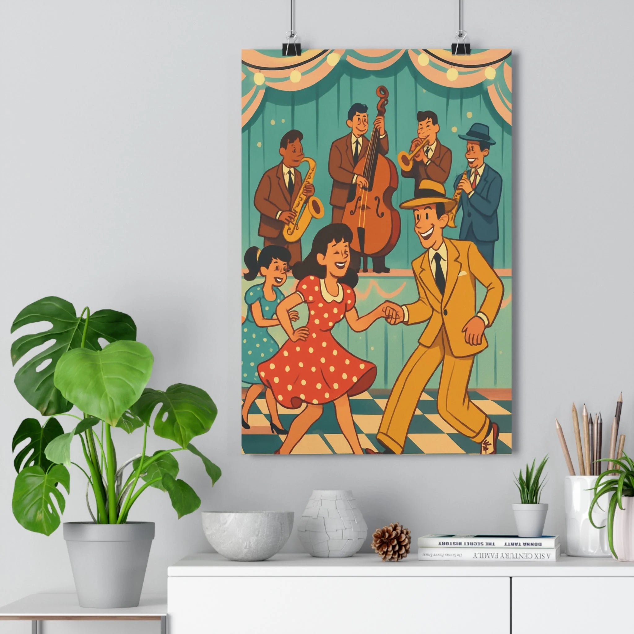 Poster décoratif vintage danse rétro bleu rouge jaune salon chambre ambiance festive élégant joyeux