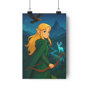Poster elfe nuit montagne ciel étoilé flèche cerf lumineux oiseau noir forêt vert bleu mystère fantasy magie chambre salon