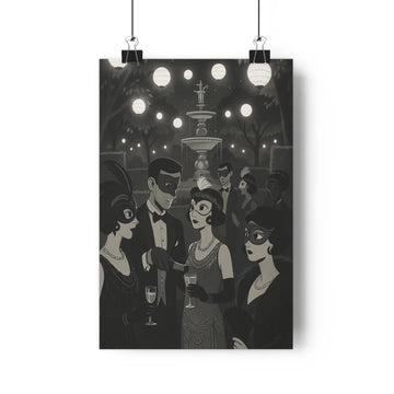Poster élégants masqués fontaine lanternes noire blanche mystère conversation festive détails linéaires salon bureau