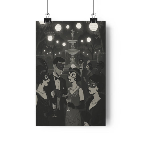 Poster élégants masqués fontaine lanternes noire blanche mystère conversation festive détails linéaires salon bureau