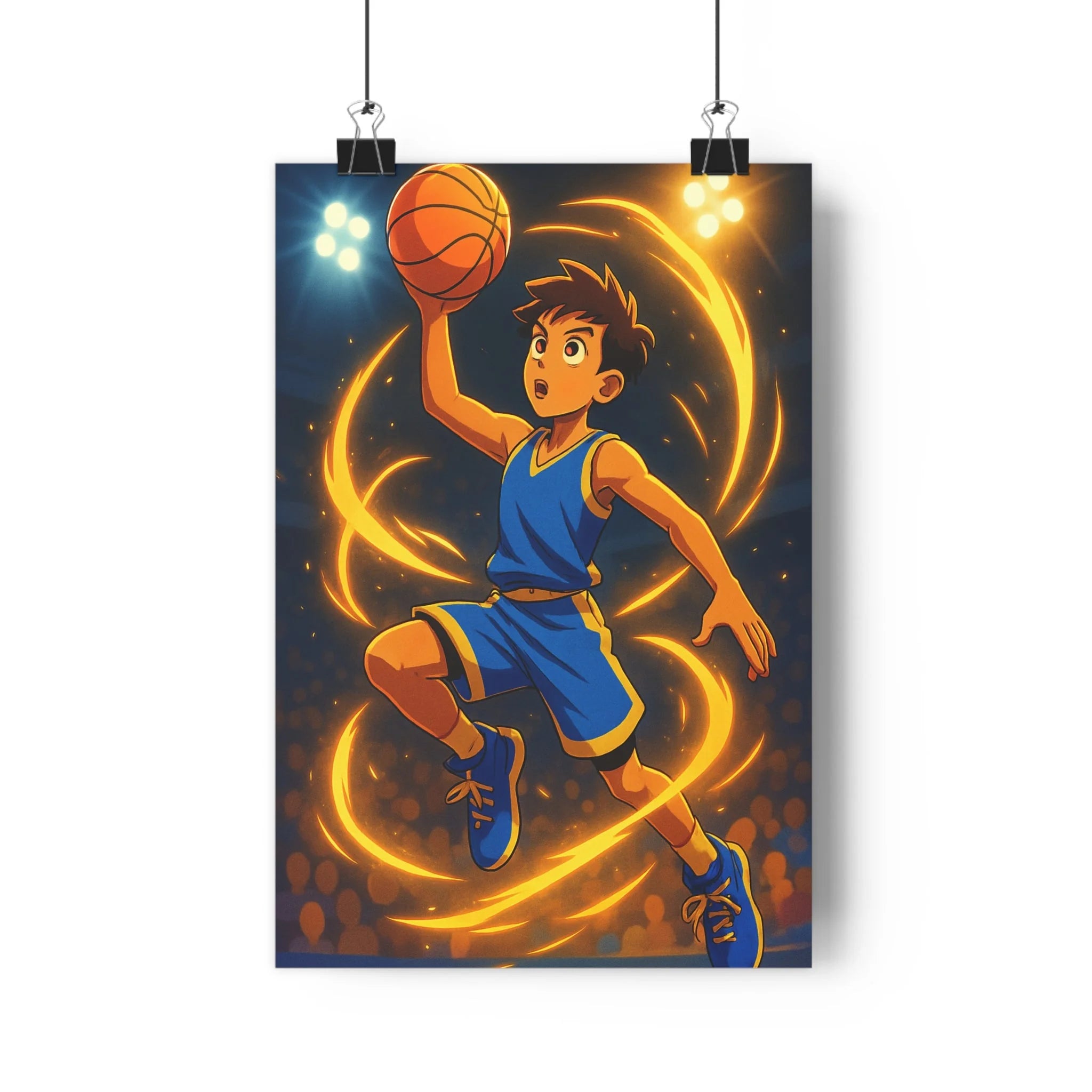 Poster décoratif joueur basketball saut bleu orange cartoon dynamique chambre enfant format moderne énergie