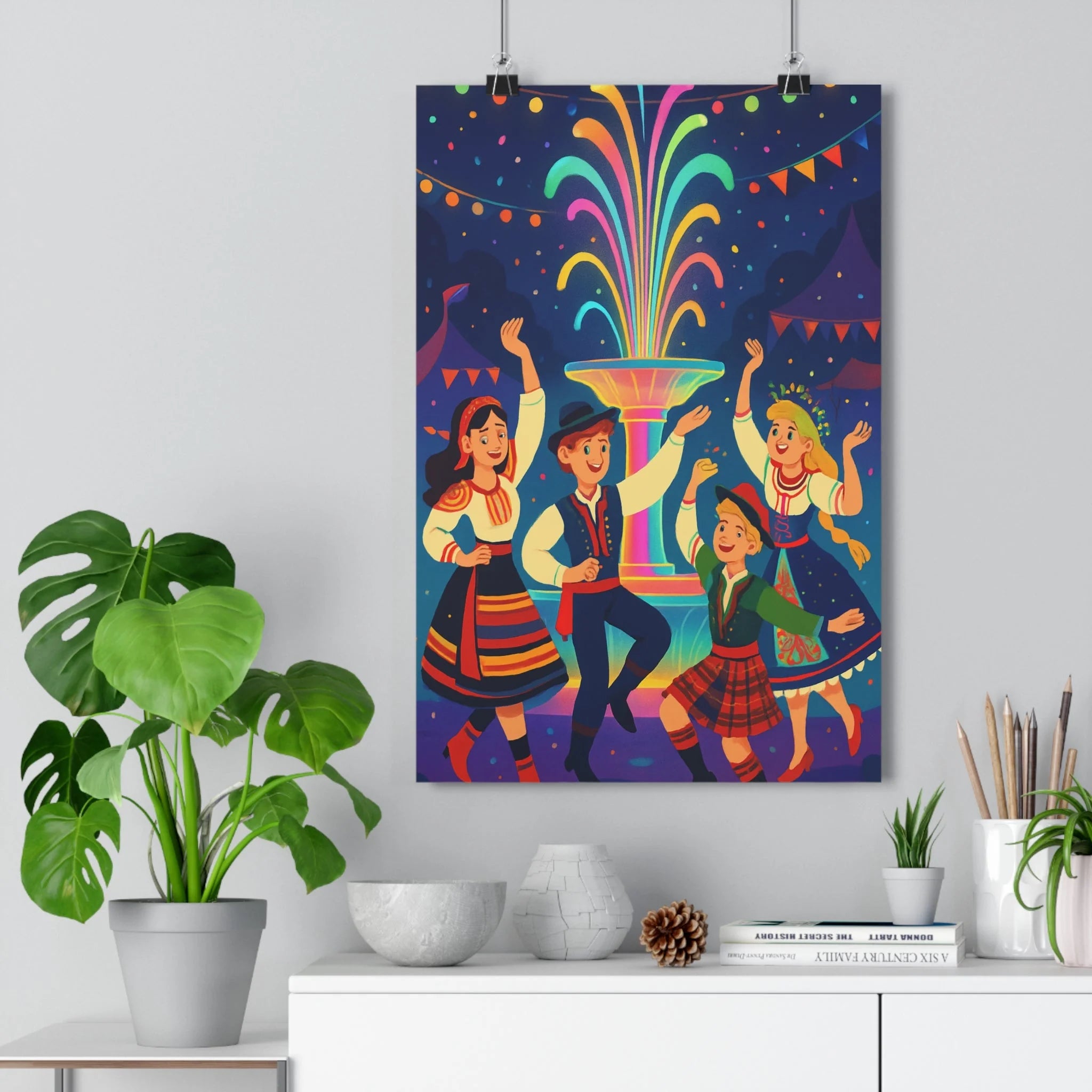 Poster décoratif ambiance festive joyeux coloré traditionnel costumes guirlandes lumineux salon chambre éclatant design