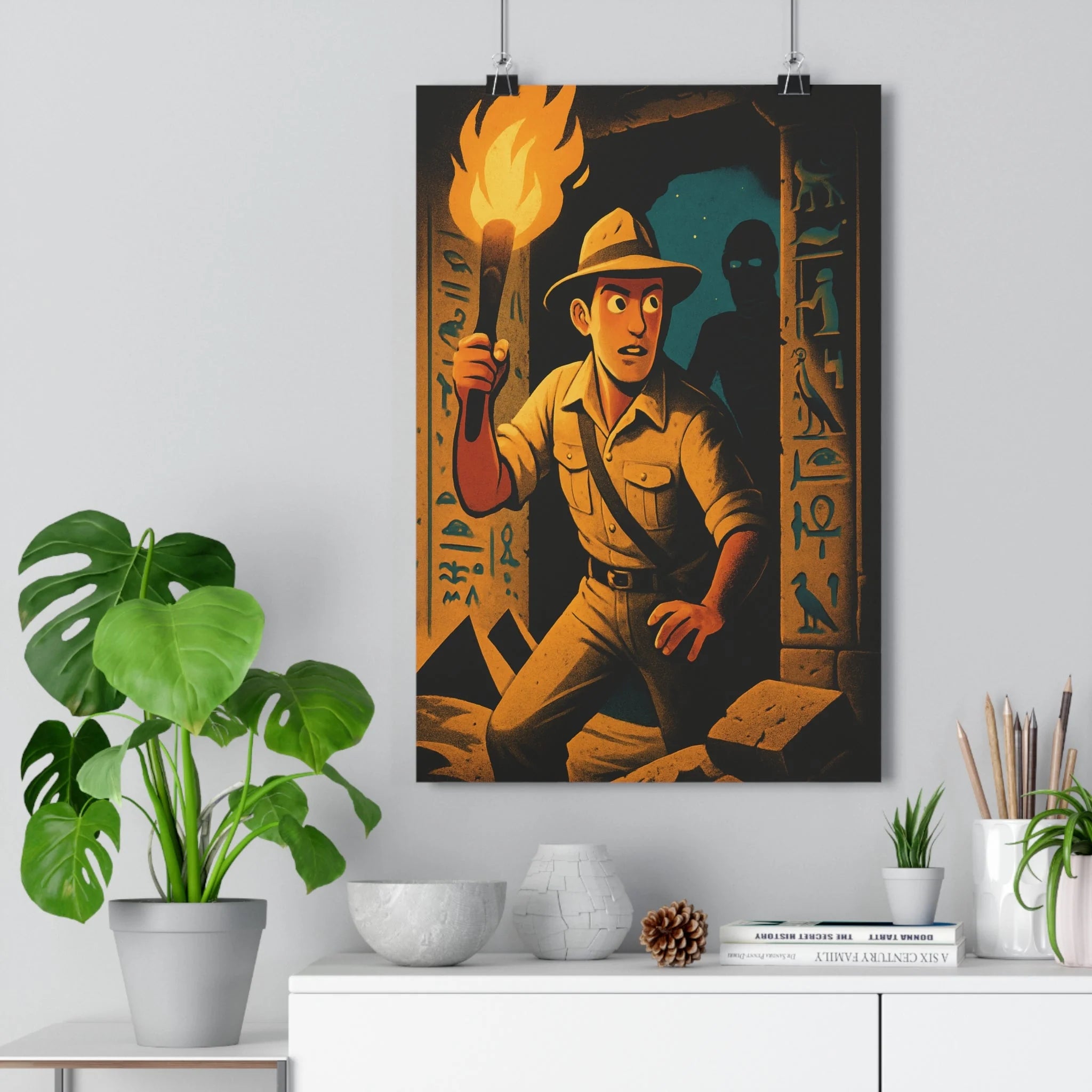 Poster décoratif aventurier vintage égyptien mystère cartoon orange jaune exploration salon chambre bureau qualité