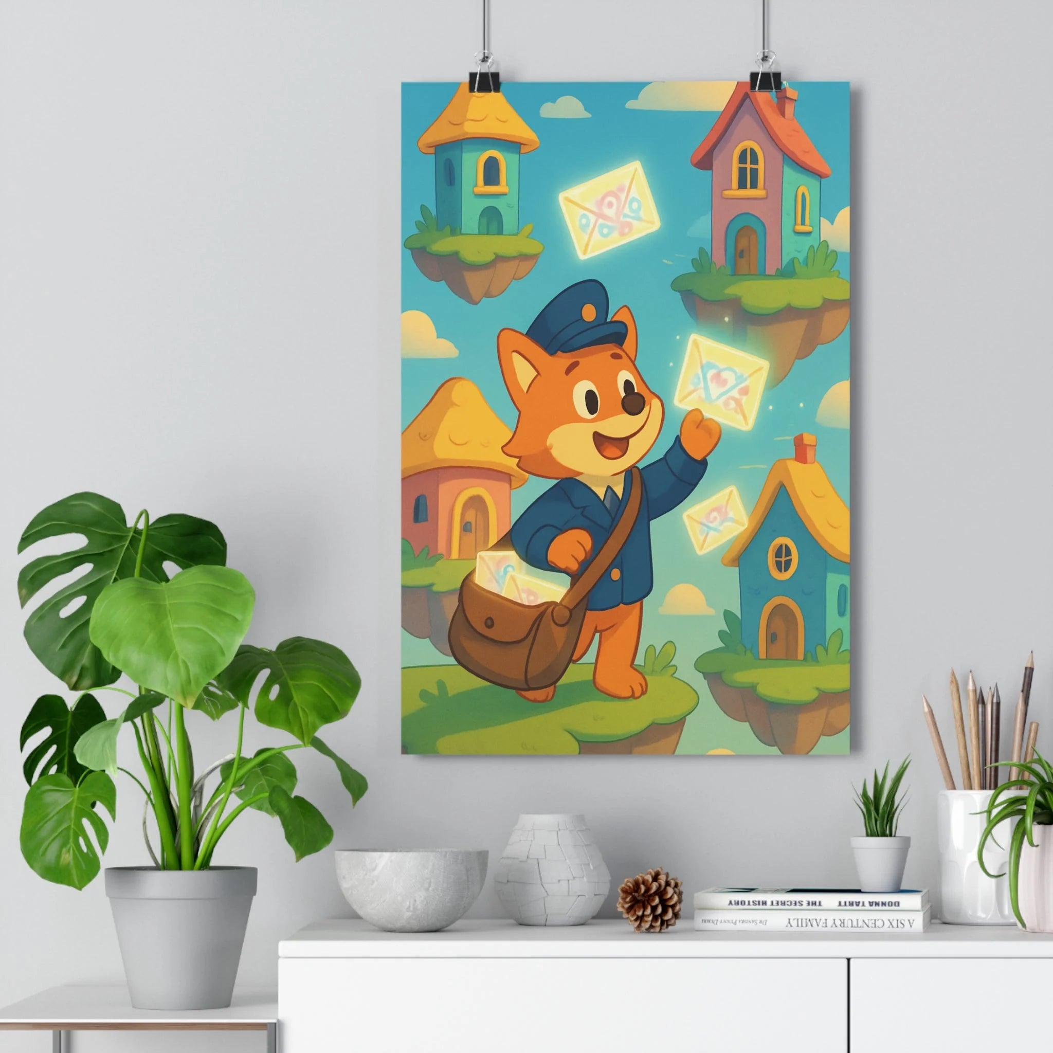 Poster décoratif renard fantaisie coloré joyeux enfant ciel magique unique 30x46 tendance rêveur lumineux