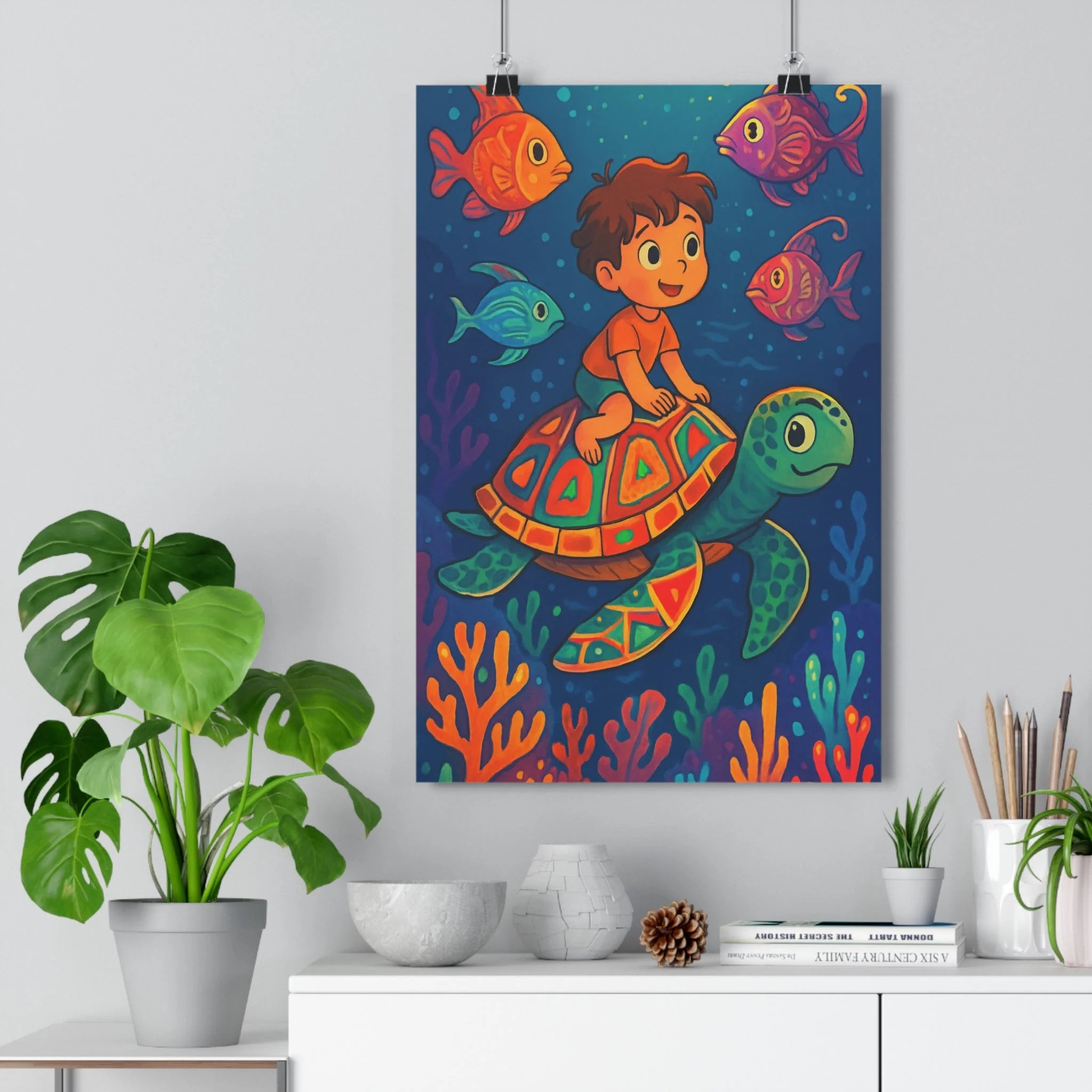 Poster décoratif océan enchanté enfant cartoon bleu orange tortue poissons joyeux magique fantastique 30x46